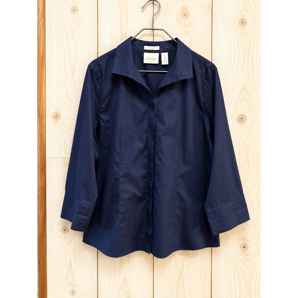 Chicos No Iron Navy Blue Button Down Shirt 3/4 Sleeve Cotton Blouse Size 3 XL